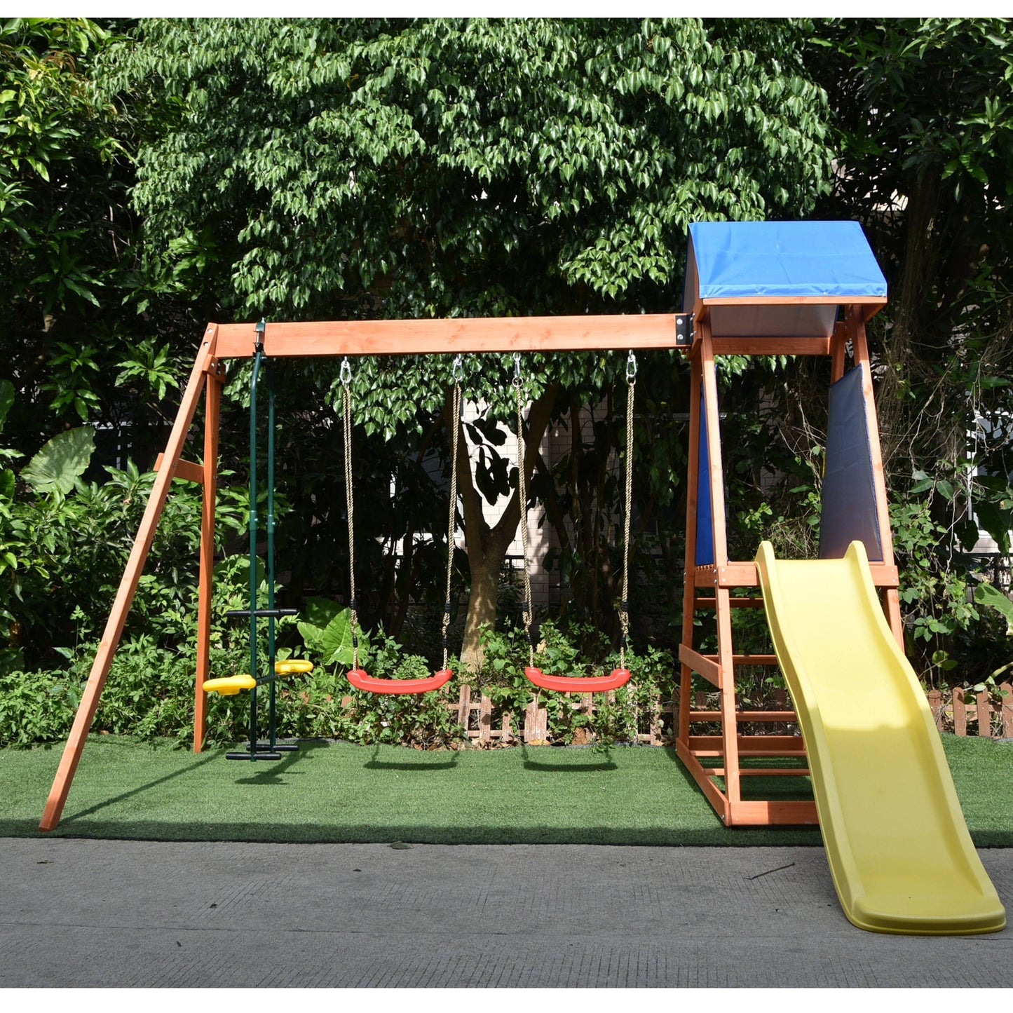 Aleko WPG02-UNB Outdoor Wooden Swing Playset with Dual Swings Slide Glider  Shaded Fort JDP2_E5OSJ90