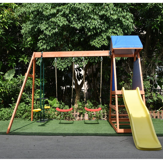 Aleko WPG02-UNB Outdoor Wooden Swing Playset with Dual Swings Slide Glider  Shaded Fort JDP2_E5OSJ90