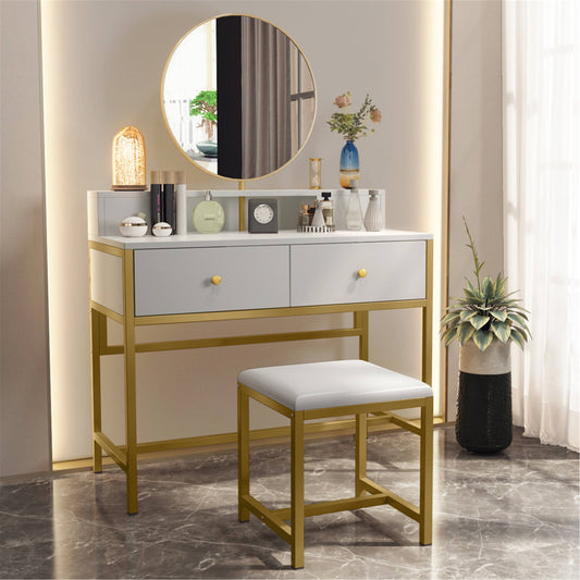 Tribesigns Vanity Set with Round Mirror and Cushioned Stool 4 Drawers - White/Gold AUY3_Y2QOT09