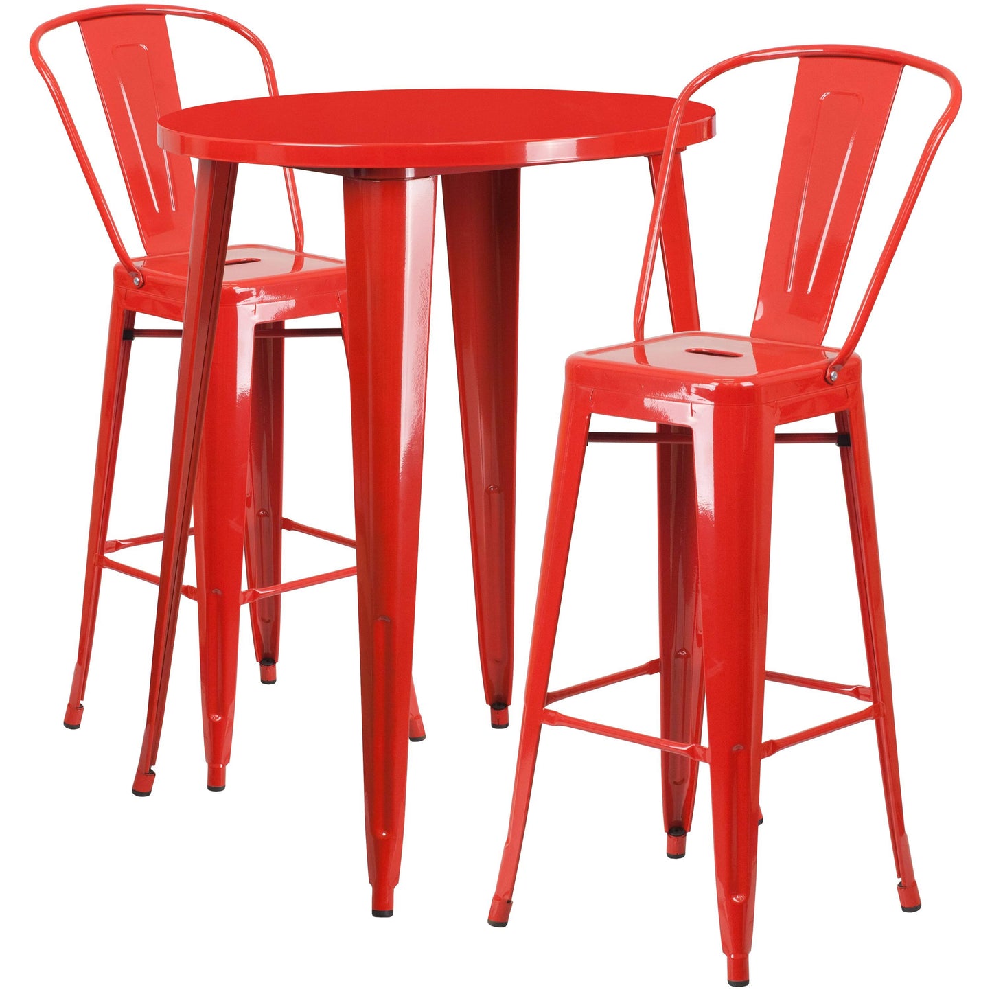 30 Round Red Metal Indoor-Outdoor Bar Table Set with 2 Cafe Stools UYU2_D4XRA44