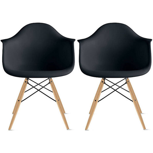 Set of 2 Plastic Accent Modern Designer Dining Chair with Arms Molded Shell Desk Natural Wooden Legs Kitchen Patio - Black MOP5_P3MFI87