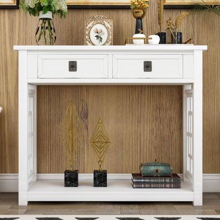 Accent Console Table Sofa Table with 2 Drawers and Bottom Storage Shelf, White NOE8_I8TRW50