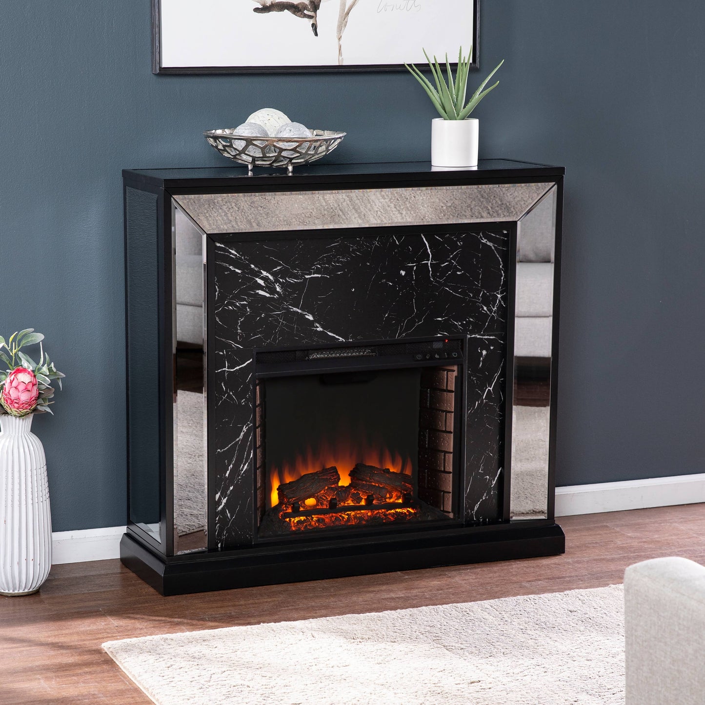 Silver Orchid Tranton Glam Silver/ Black Mirror Electric Fireplace - Brick Accent Firebox AFD4_H3WSZ00