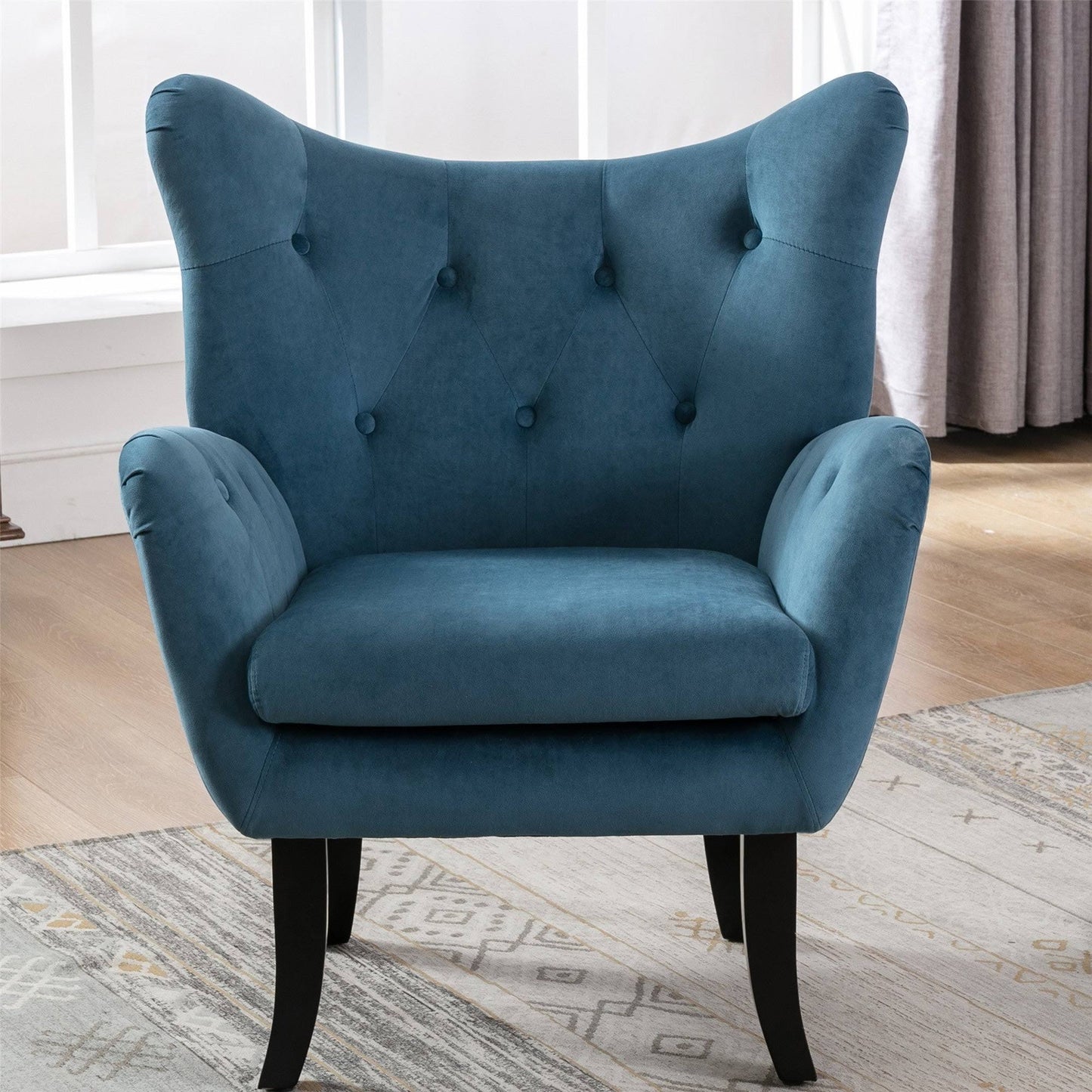 Vanity Chair with Wooden Legs for Living Room Bedroom - Teal Blue EUE0_E0HKQ35