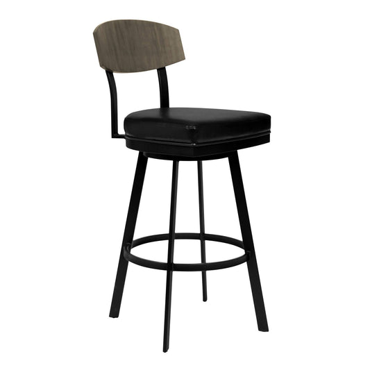 26 inch Metal and Leatherette Swivel Barstool, Black RCW5_V9BOH51