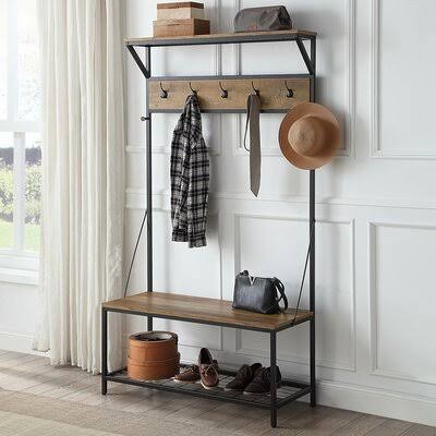 70 inch Industrial Bench Hall Tree Entryway Storage Shelf Coat Rack 17 Stories Color: Rustic Oak GLX0_X4IKE48