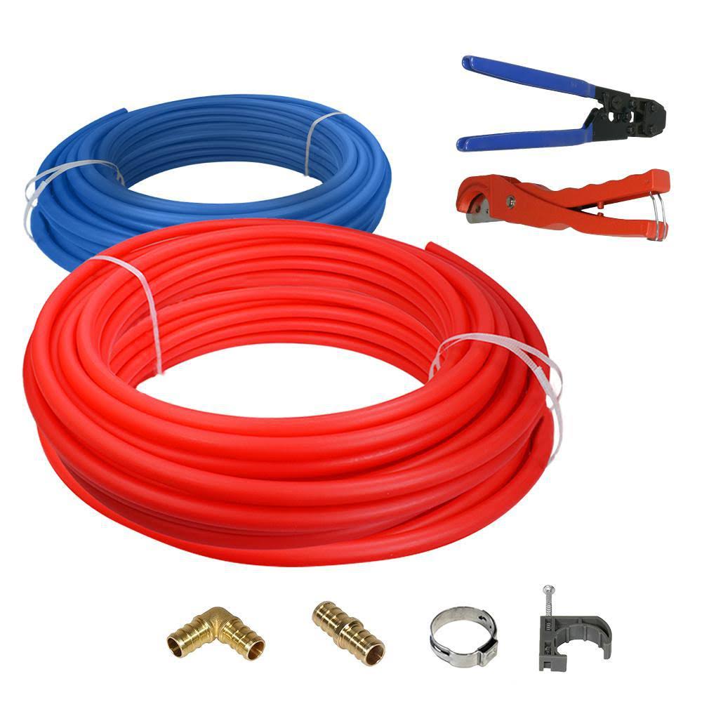 The Plumbers Choice PEX Tubing Plumbing Kit - Crimper and Cutter Tools 3/4 in. x 500 ft. Tubing Elbow Cinch Half Clamp - 1 Red  BAW1_Z7OVU86