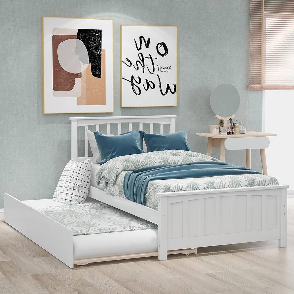 Twin Size Platform Bed with Trundle, Gray/White ZVJ8_B3LQU49