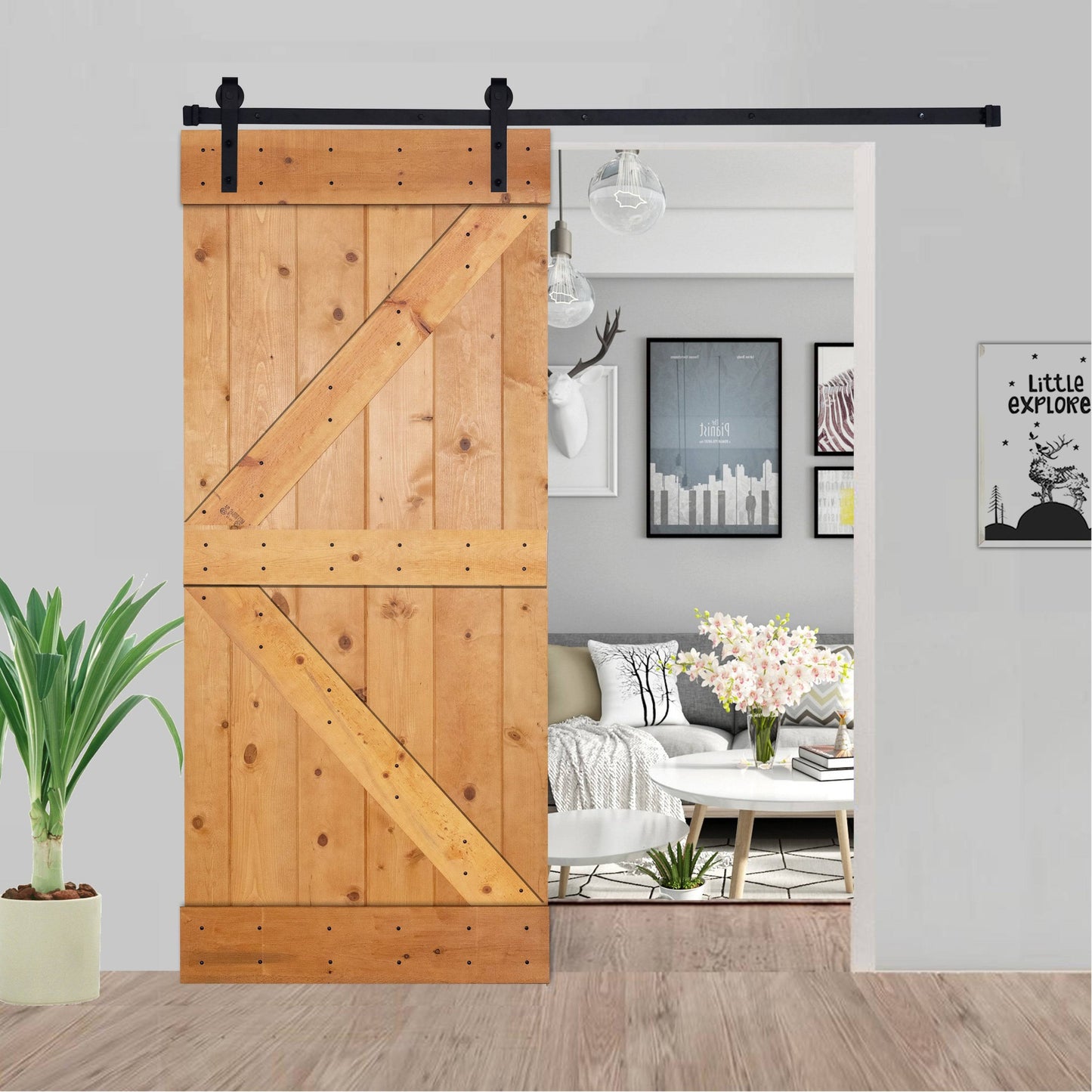 Akicon Paneled Wood Barn Door with Installation Hardware Kit - K2 Series - 38x22 - Ipswich Pine BHT7_J9AZS57