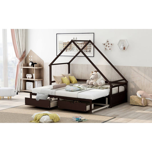 AOOLIVE Twin-King Expandable Wooden Daybed with 2 Drawers - Espresso KQO3_E9ZVB74