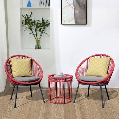 Shuai Round 2 - Person 17.7x22 Long Bistro Set with Cushions George Oliver Frame Color: Watermelon Red JIS4_P4IEG58