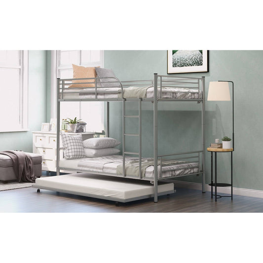 Twin-Over-Twin Metal Bunk Bed with Trundle,Can Be Divided Into Two Beds,No Box Spring Needed - Silver KJC5_S8APU02