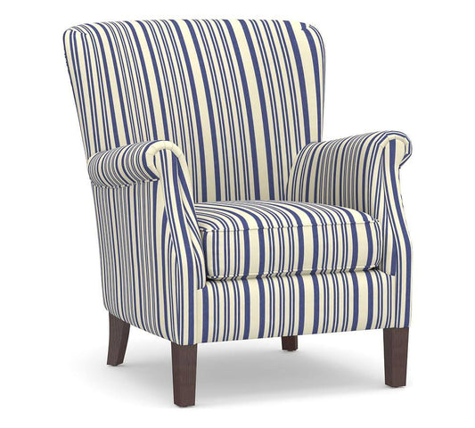 Soma Minna Upholstered Armchair, Polyester Wrapped Cushions, Antique Stripe Blue - Furniture - Chairs - Pottery Barn SHC4_E0SZS90