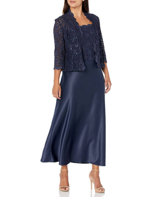 Alex Evenings Sequin Lace  Satin Gown with Jacket - Blue - 16 VQV4_L0JCC93