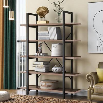 5-Tier Industrial Bookcase with Rustic Wood and Metal Frame, Large Open Bookshelf for Living Room(Distressed Brown) 17 Stories C MXK0_H3GIG80