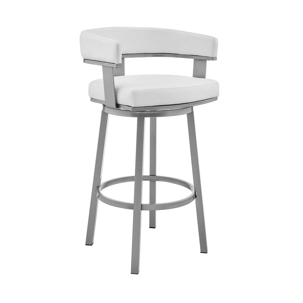 Armen Living Cohen White Faux Leather and Silver Swivel 30x22 Bar Stool AIU4_H9BVB16