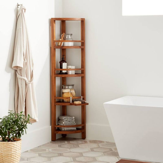 Signature Hardware 453411 Yuhan 12-1/4 inch Teak Wood Bathroom Shelf - Wood, Beige PQL2_H1IDK30