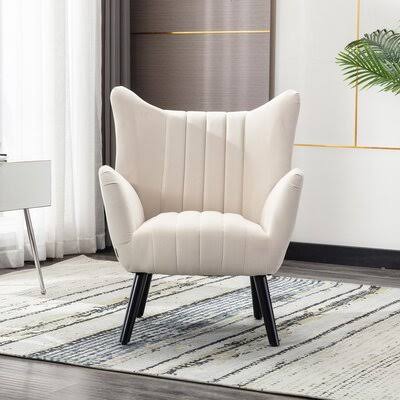 Accent Armchair Living Room Chair with Solid Wood Legs, Beige Everly Quinn Fabric: Cream Velvet OYI1_E2GSZ95