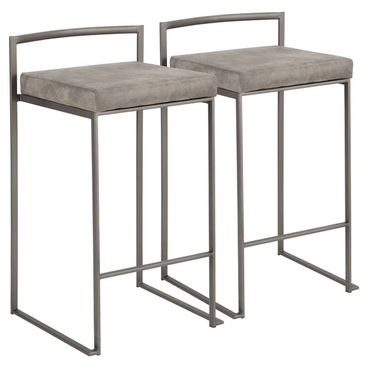 Set of 2 Industrial Counter Stools in Stone Cowboy Fabric and Antique Finish 31x22 XUZ7_T1KTN71