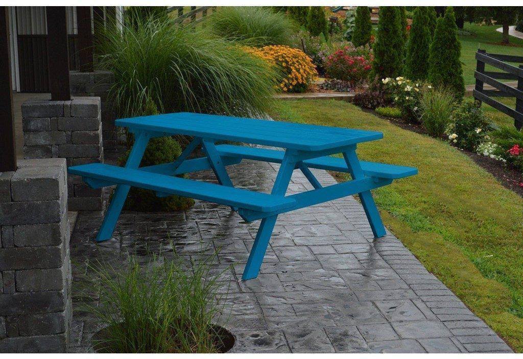 AL Furniture Co. Yellow Pine 6& Picnic Table with Attached Benches, Al Carriben Blue YZP0_C9ORB94