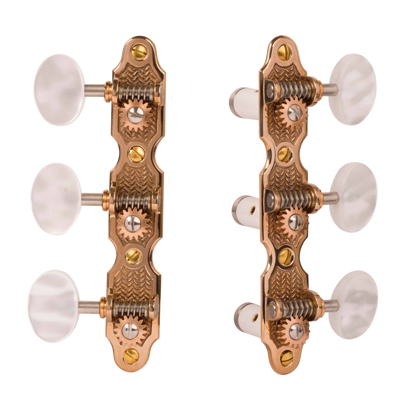 Sloane Classical Guitar Machines with Stippled Bronze Baseplates, Pearloid Knobs from StewMac. Sloane Parts + Hardware MKS1_B2CZS14