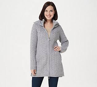 Aran Craft Merino Wool Zip-Front Hooded SweaterCardigan, Size XX-Large, Soft Grey RUZ1_S6SMV59