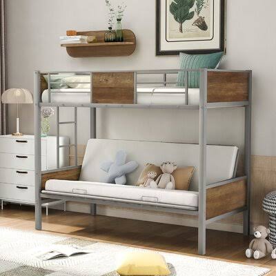 Shawn Twin-Over-Futon Bunk Bed Metal Futon Bunk Bed Frame with Guardrails and Ladder Mason  Marbles Bed Frame Color: Gray MVS9_N6YAS91